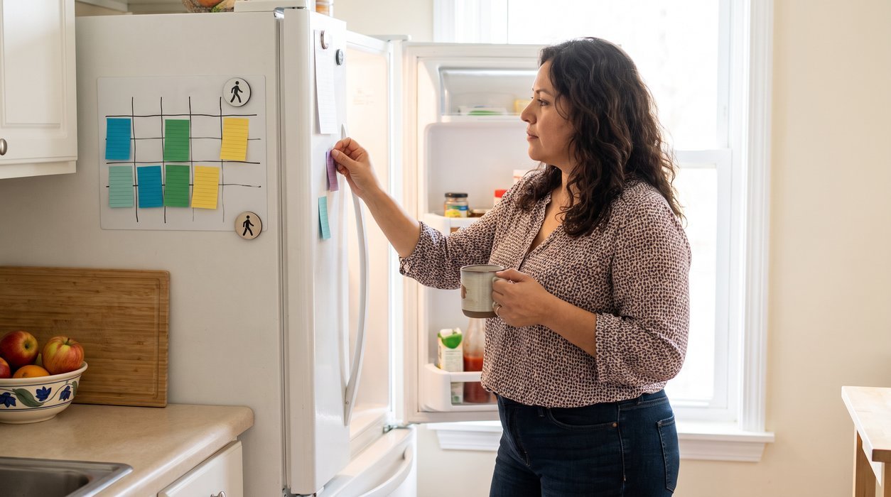 Curvy woman planning repeatable meals and walks for fatty liver support
