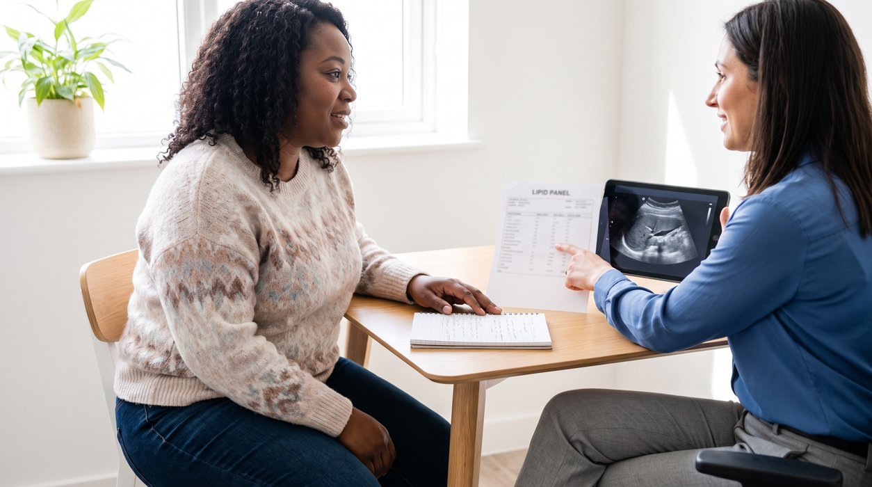 Fatty liver high triglycerides discussed during a calm clinician visit