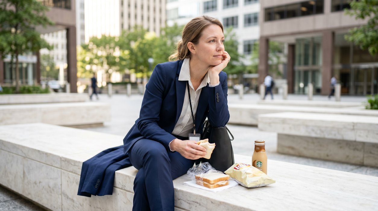 normal-weight office worker eating a convenience lunch during a sedentary workday