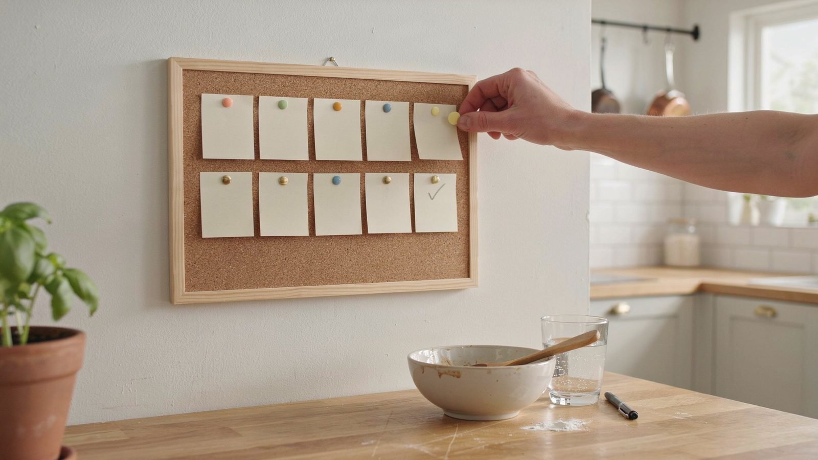 Simple daily comfort markers on a kitchen cork board during a gradual fiber increase plan
