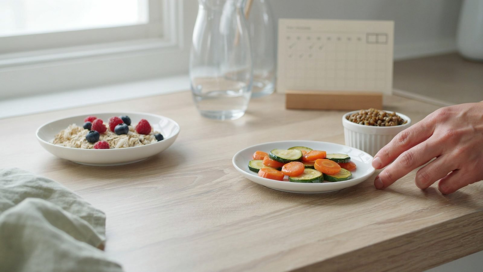 Cooked oats berries vegetables and rinsed beans arranged as gradual fiber options