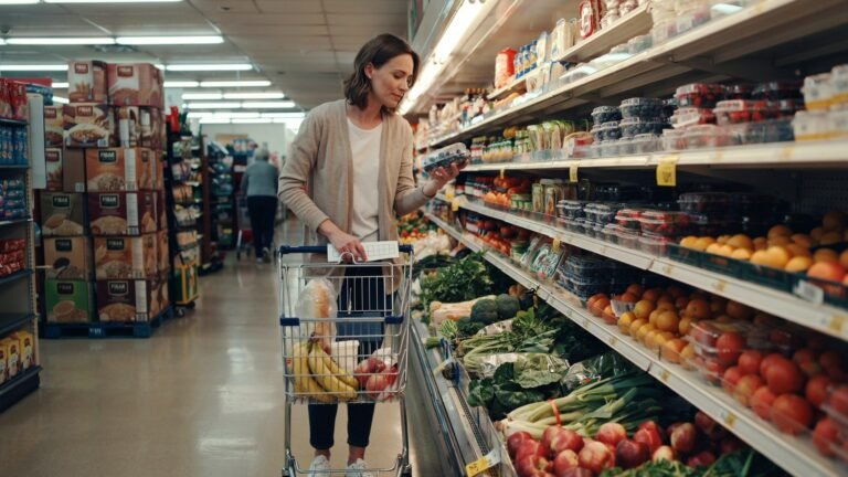 Woman choosing one gentle high-fiber food in a supermarket for a gradual 14-day fiber plan