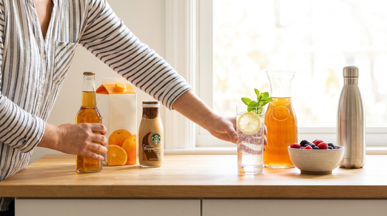 foods to avoid with fatty liver shown in a bright drink swap scene with soda, juice and sweet coffee