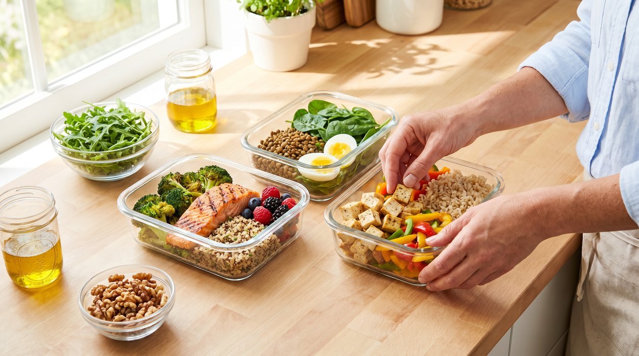 friendly meal prep scene with beans, greens, fish, olive oil and choline-rich foods