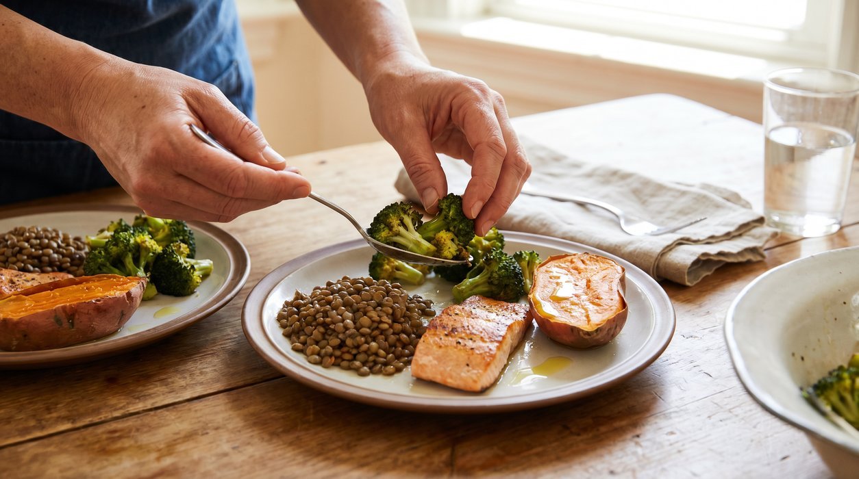 hands building a balanced prediabetes plate with vegetables, lentils, fish, and sweet potato