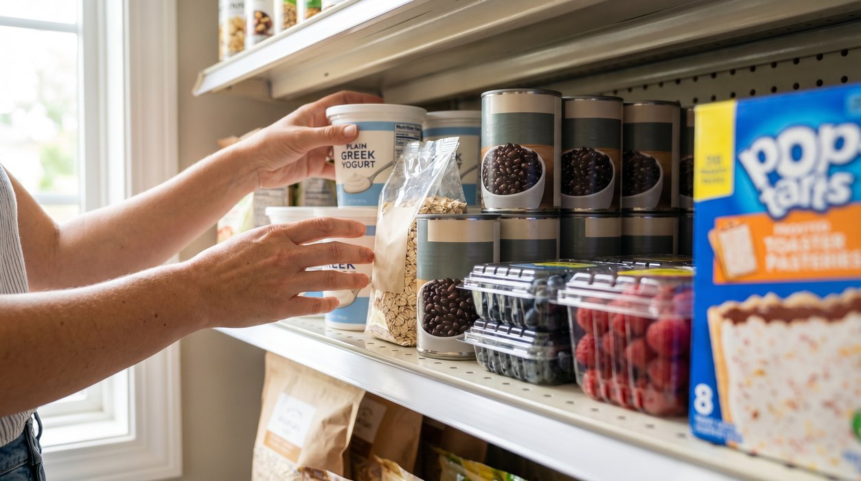 grocery shelf decision comparing plain yogurt, beans, oats, and sugary snack options