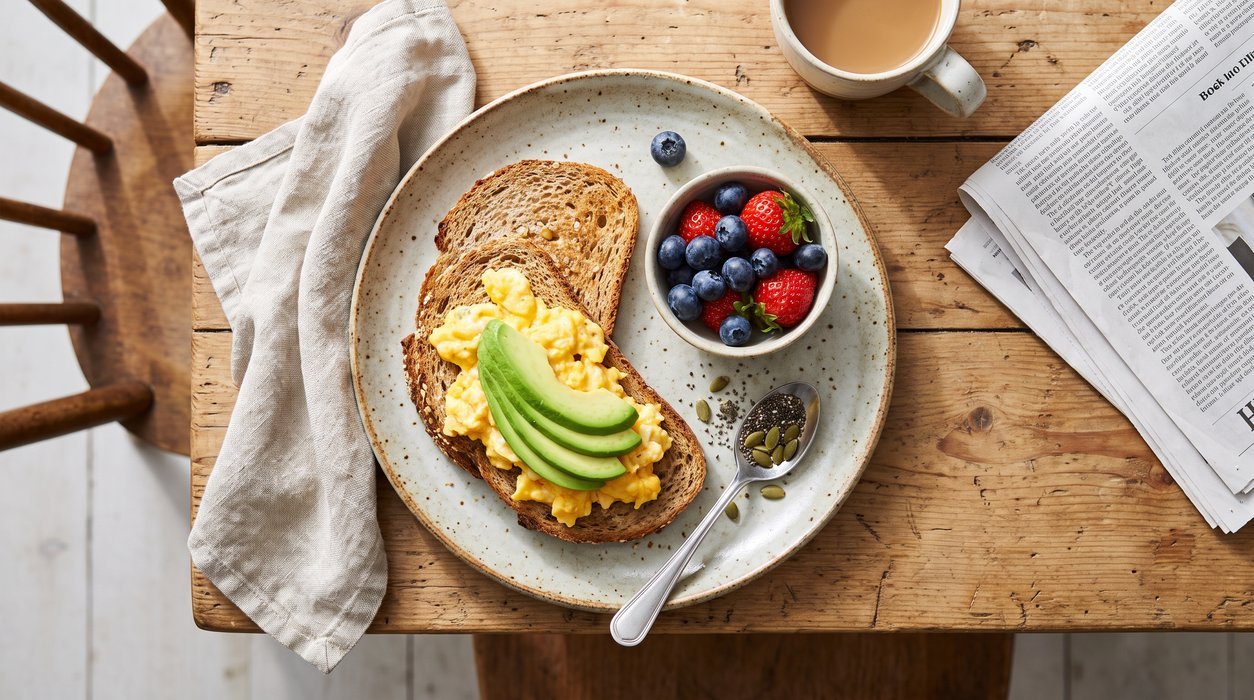 balanced breakfast toast with eggs, avocado, berries, and seeds from above
