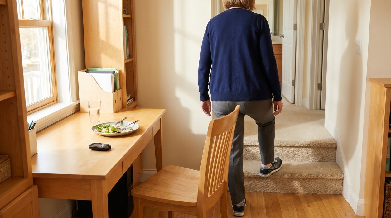 woman taking a movement break after lunch near a home stairway