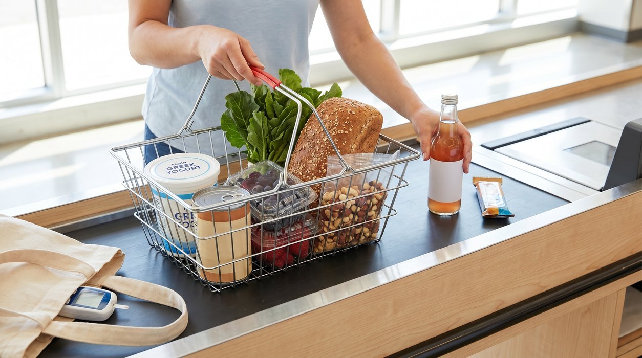 supermarket basket with protein fiber foods and glucose meter