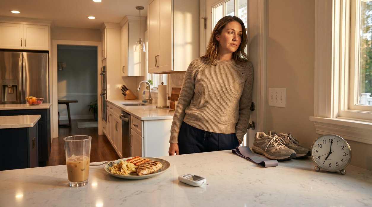 woman noticing habits that make insulin resistance worse beside glucose tools