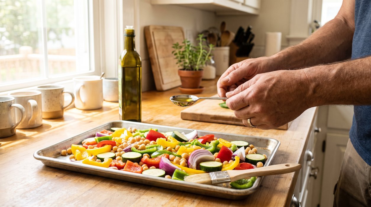 Measured oil beside vegetables before roasting instead of an unmeasured pour
