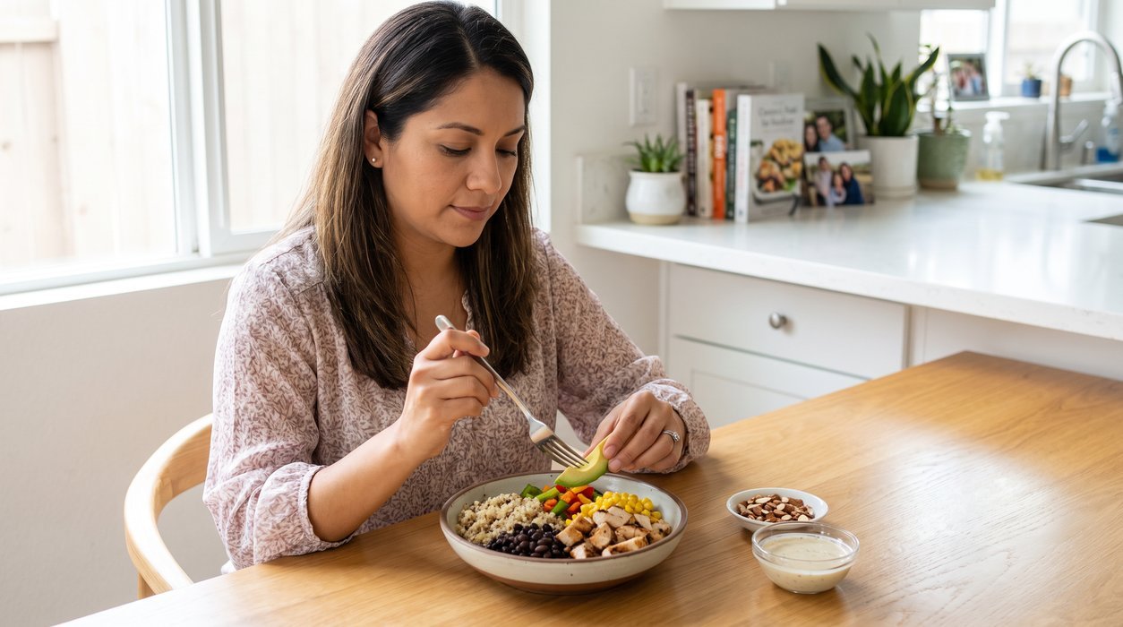 Woman choosing one rich topping for a balanced grain bowl instead of stacking several