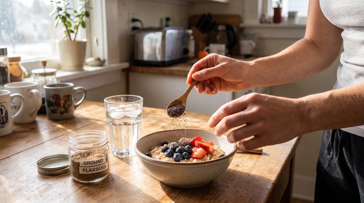 beginner adding chia seeds and berries to oatmeal for a high-fiber breakfast