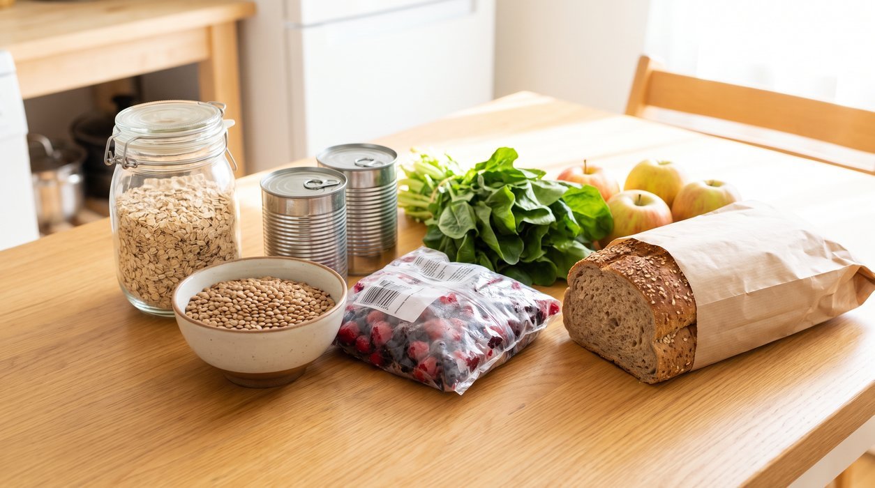 bright grocery table with oats lentils berries greens and beans for a beginner high-fiber plan