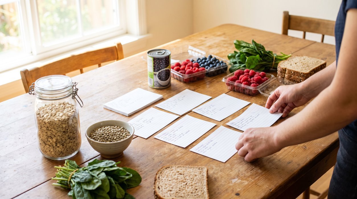 high fiber meal plan for beginners laid out with oats beans berries greens and simple meals