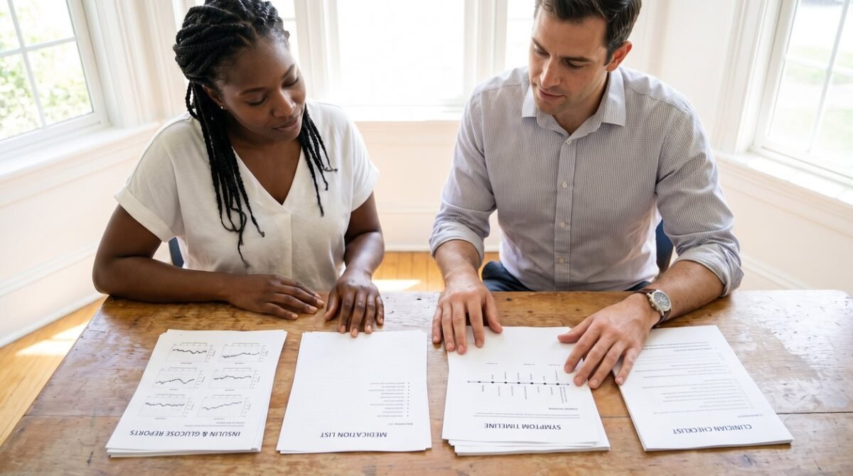 Clinician and patient organizing insulin, glucose, and risk information for follow-up