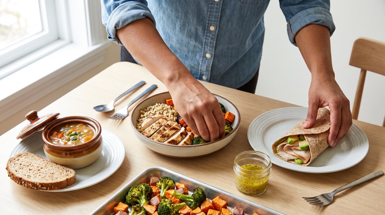 Hands assembling chicken, quinoa and vegetables into three varied weekday lunches