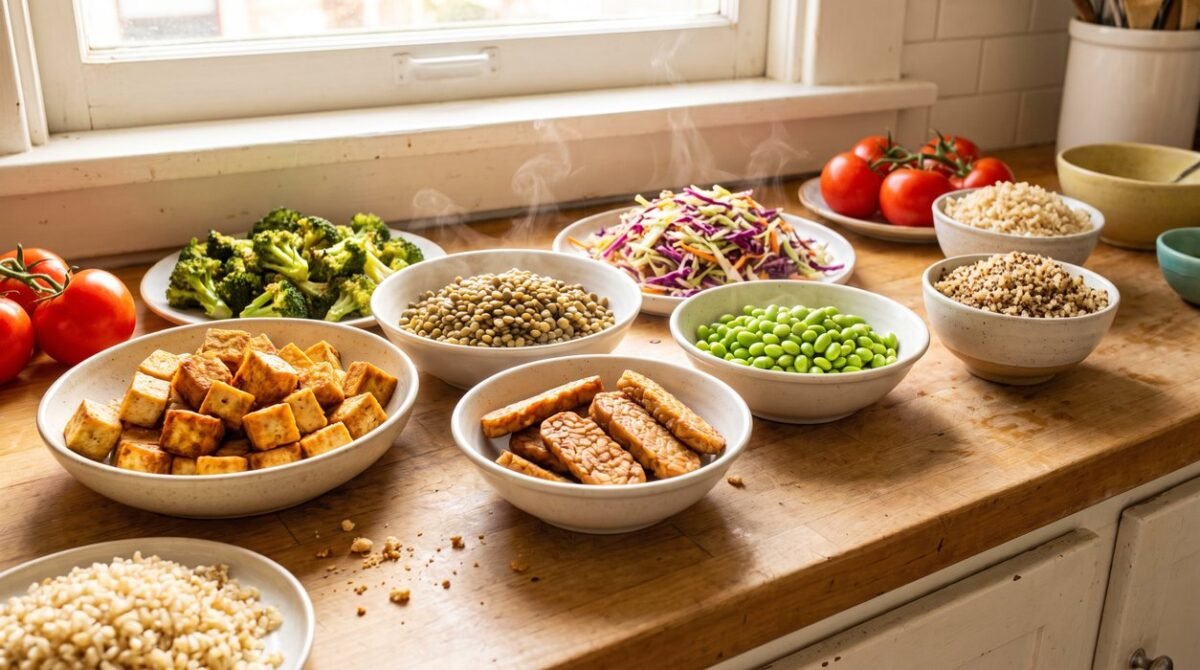 High protein vegetarian dinners arranged with tofu, lentils, vegetables, and whole grains