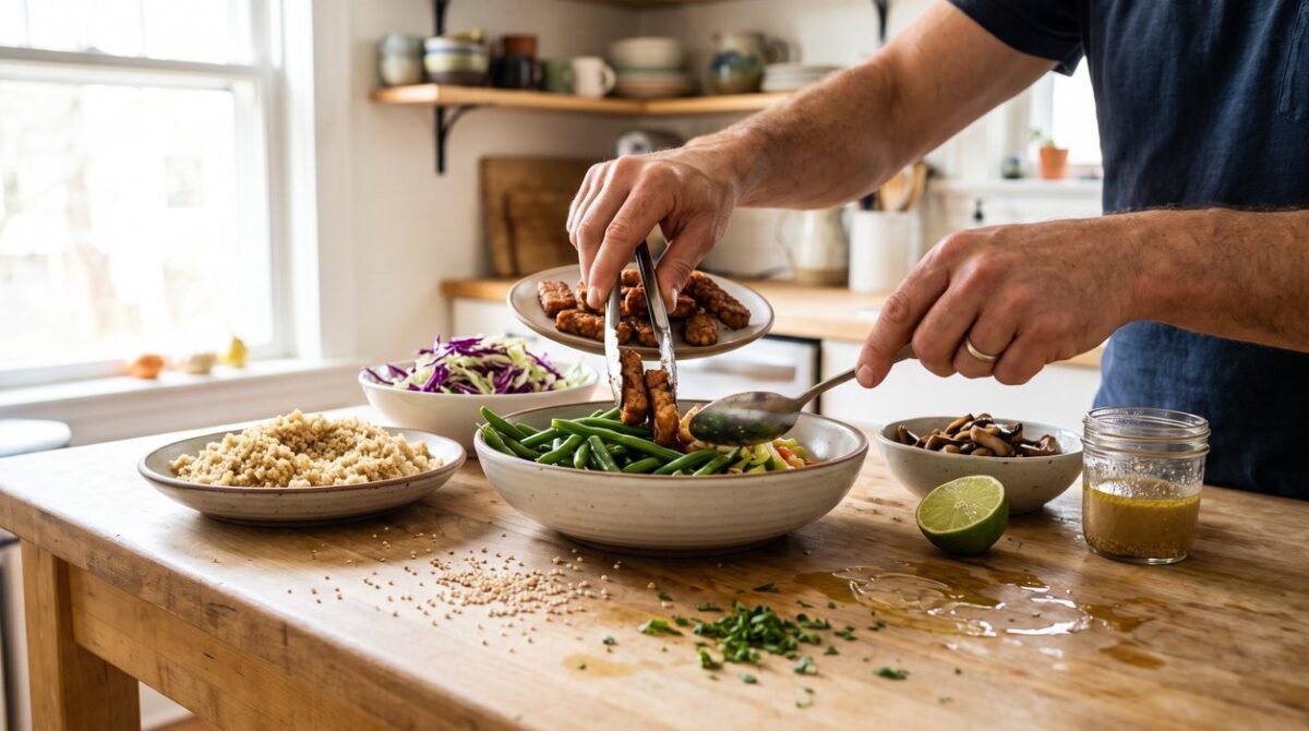 Hands assembling a vegetarian dinner bowl with tempeh, green beans, and quinoa