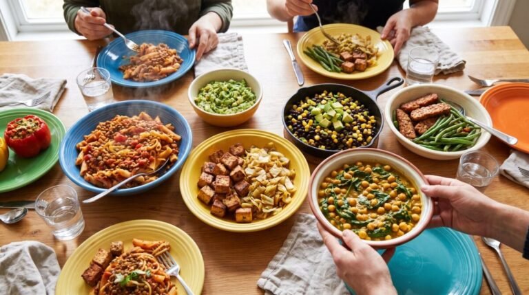 Colorful high protein vegetarian dinners with beans, tofu, eggs, and vegetables
