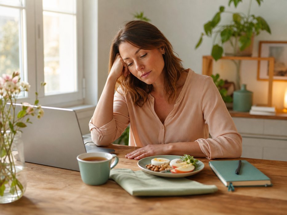 Woman dealing with an afternoon energy crash and cravings in a realistic home setting