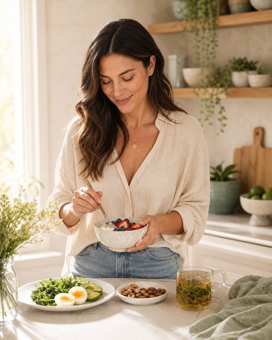 Woman preparing a realistic balanced breakfast for steadier energy and blood sugar support