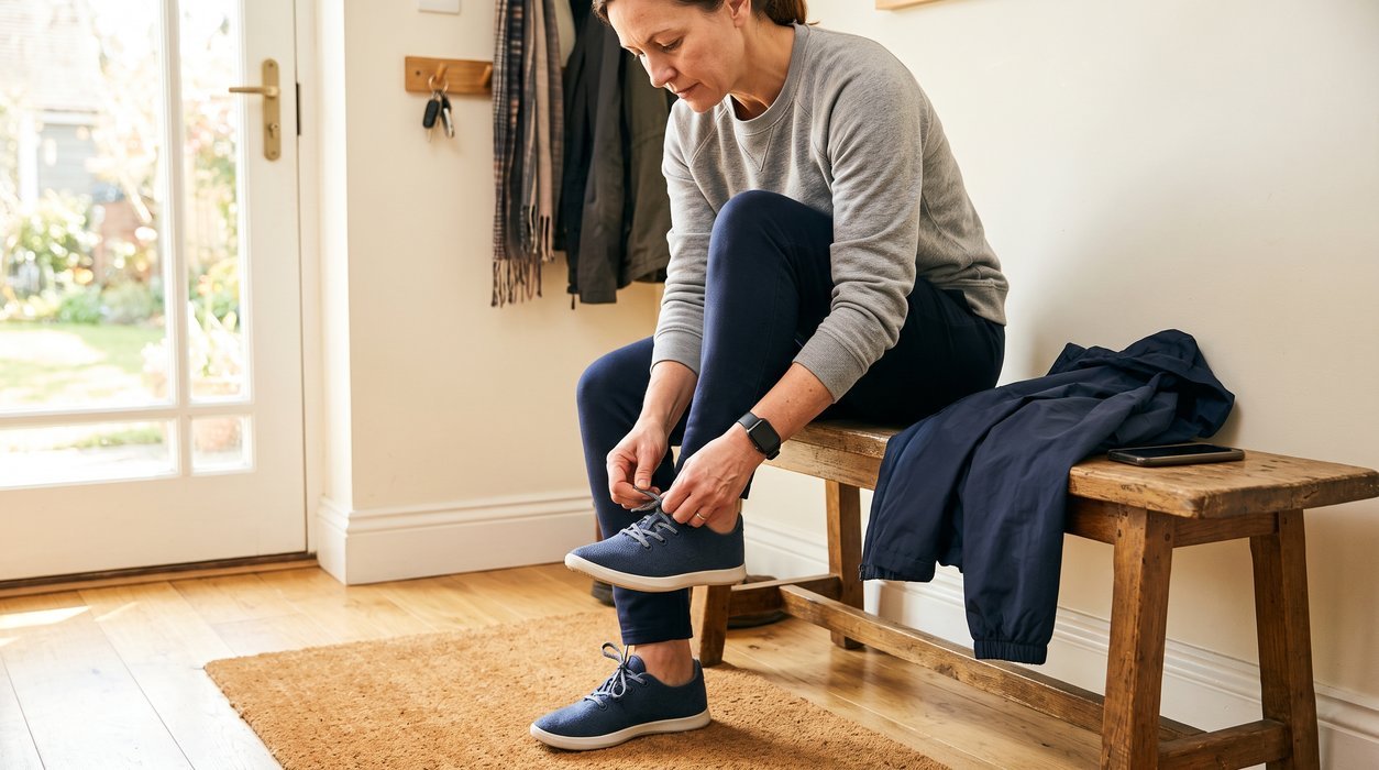 adult tying plain walking shoes near the door before a planned walk