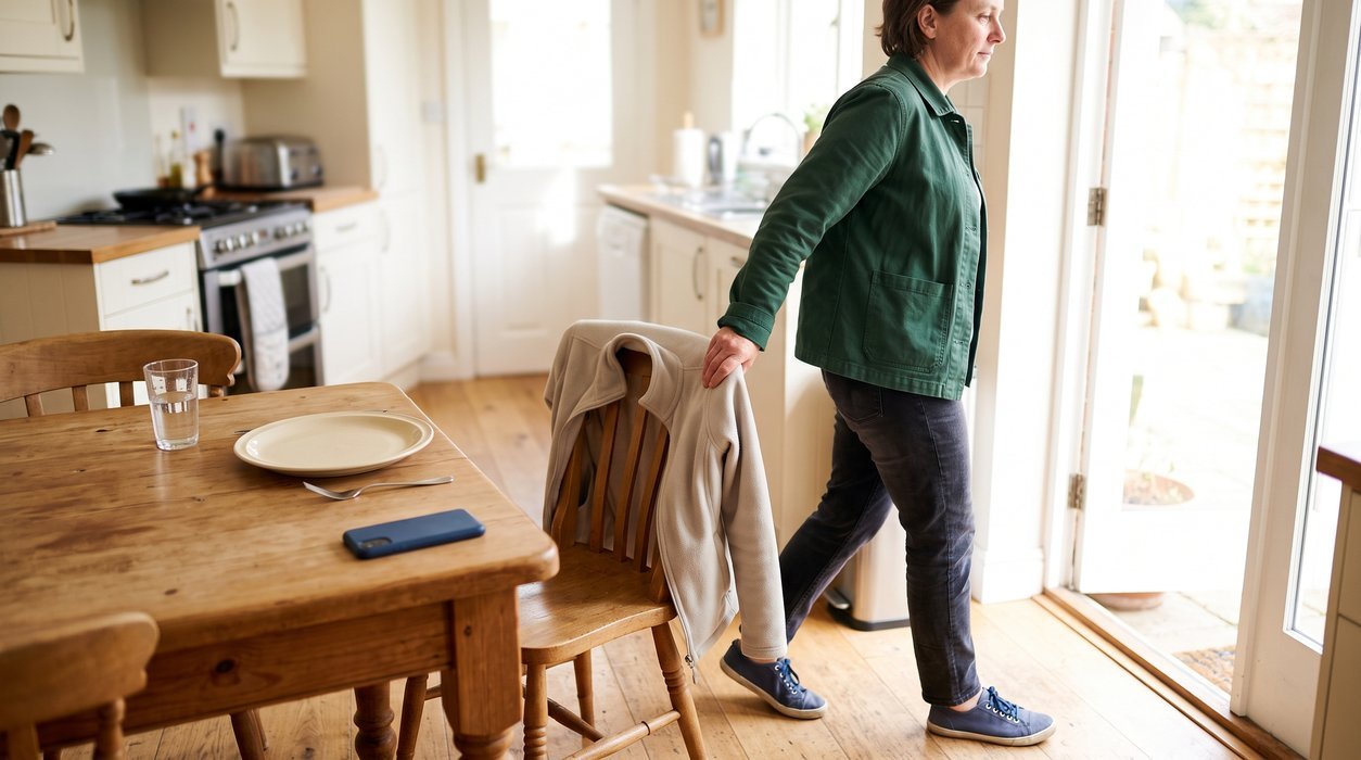 adult stepping away from a clean lunch table for a short post-meal walk