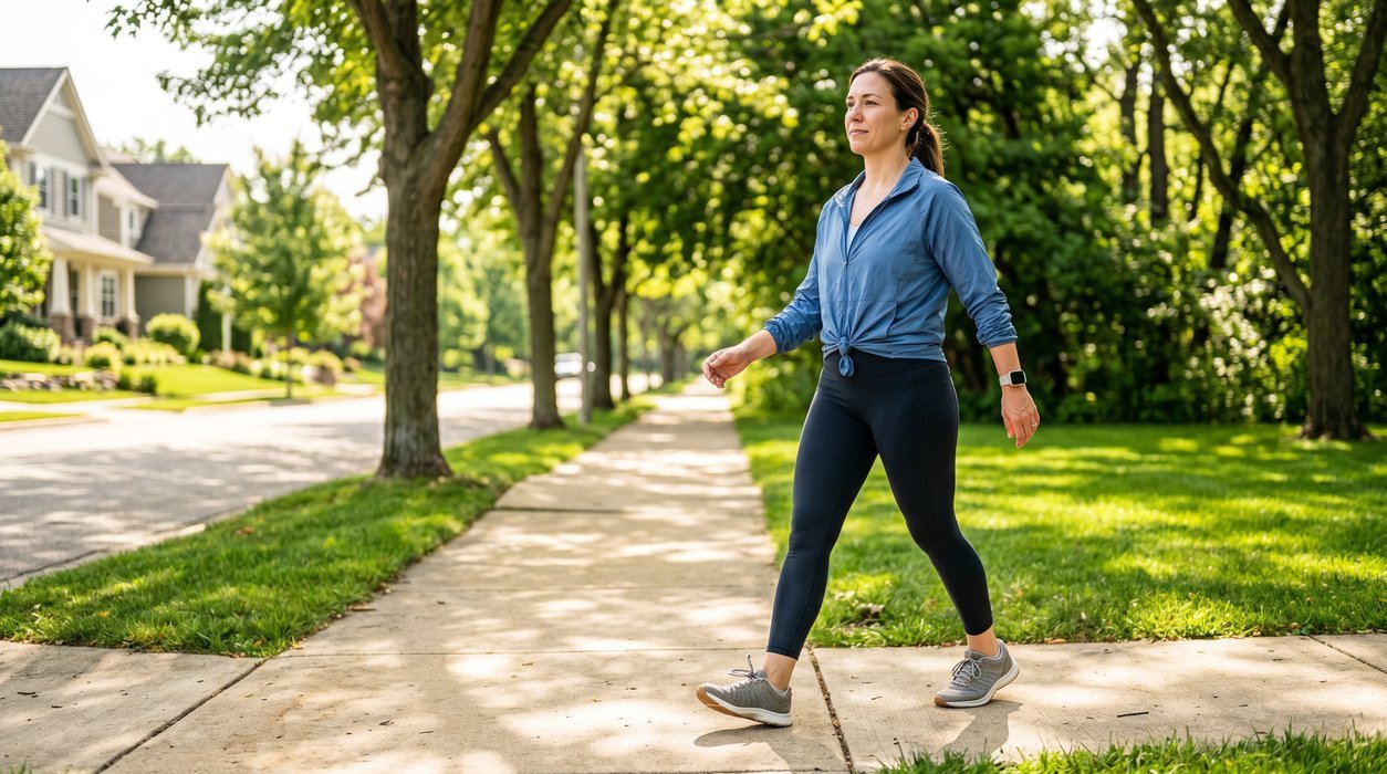 adult brisk walking on a bright neighborhood path for walking for metabolic syndrome