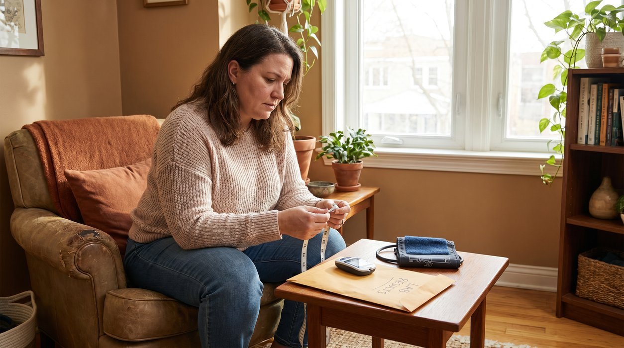 waist measurement setup with glucose meter and health notes for metabolic health tracking