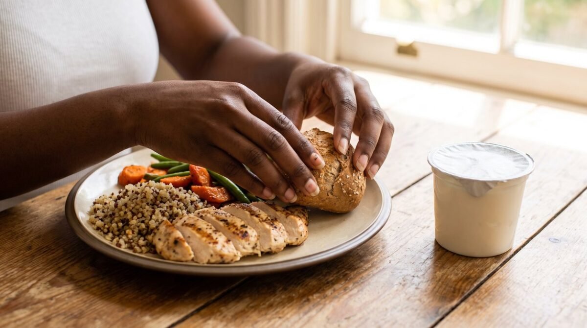 Woman adding a planned side and snack for a maintenance-calorie diet break