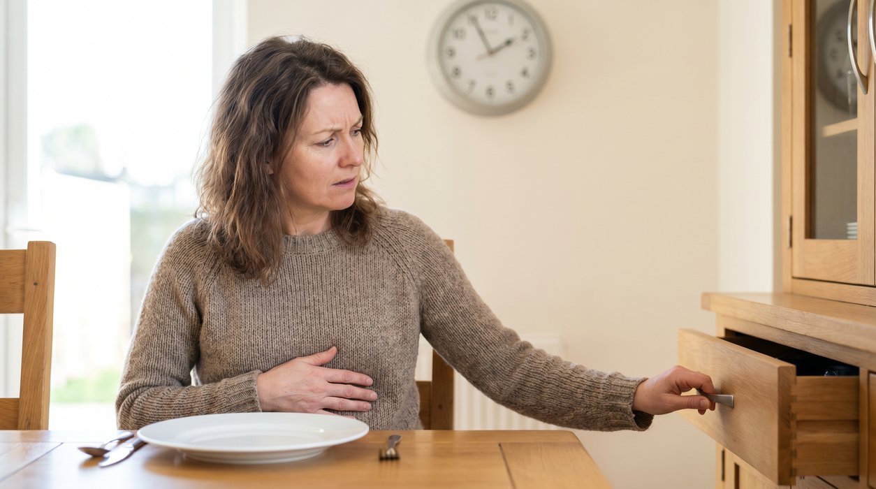 woman feeling hungry again soon after lunch while her body signals feel confusing