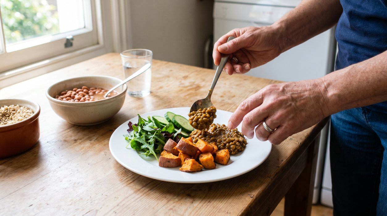 hands turning a too-small diet meal into a filling protein and fiber plate