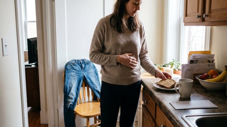 woman experiencing hunger after weight loss while noticing loose jeans and choosing food calmly