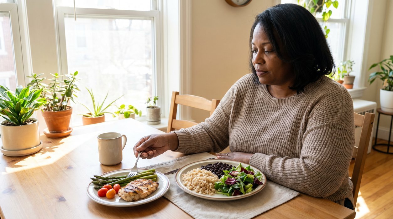 Woman noticing hunger during weight loss while choosing a more filling lunch