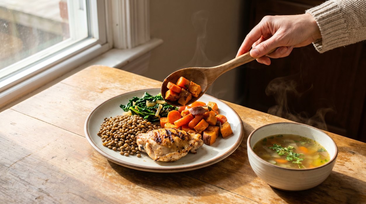 Hands building a balanced plate with protein, beans and colorful vegetables