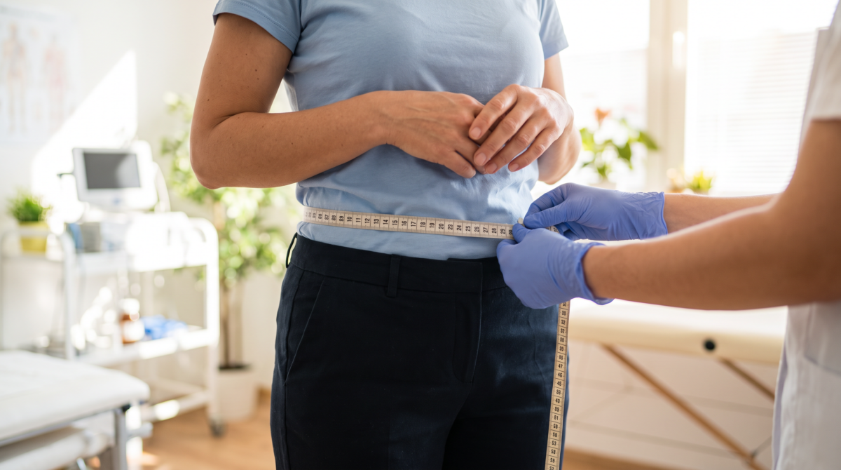Clinician measures waist circumference as one part of metabolic risk assessment