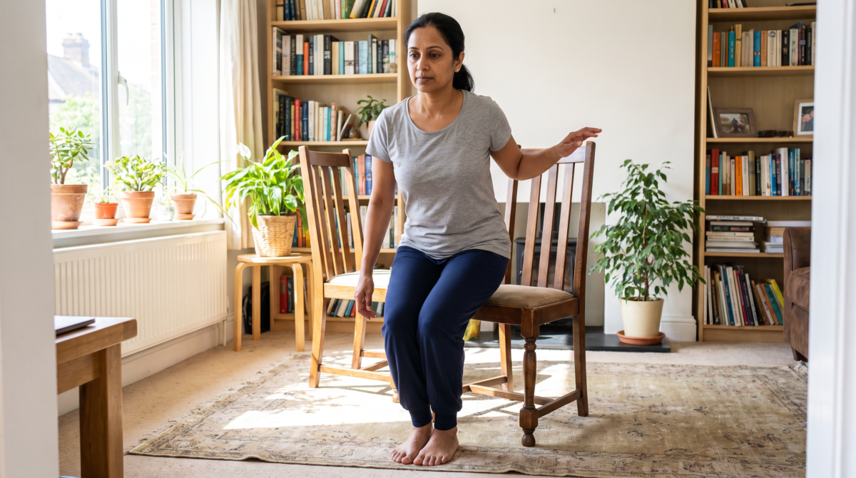Woman practices a supported home strength exercise beside a sturdy chair