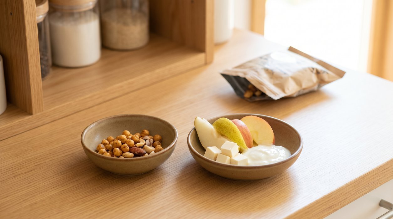 Planned snack station with small bowls, fruit, protein, and closed snack packages