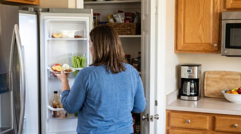 Woman choosing snacks in a kitchen setup for weight loss with visible balanced options