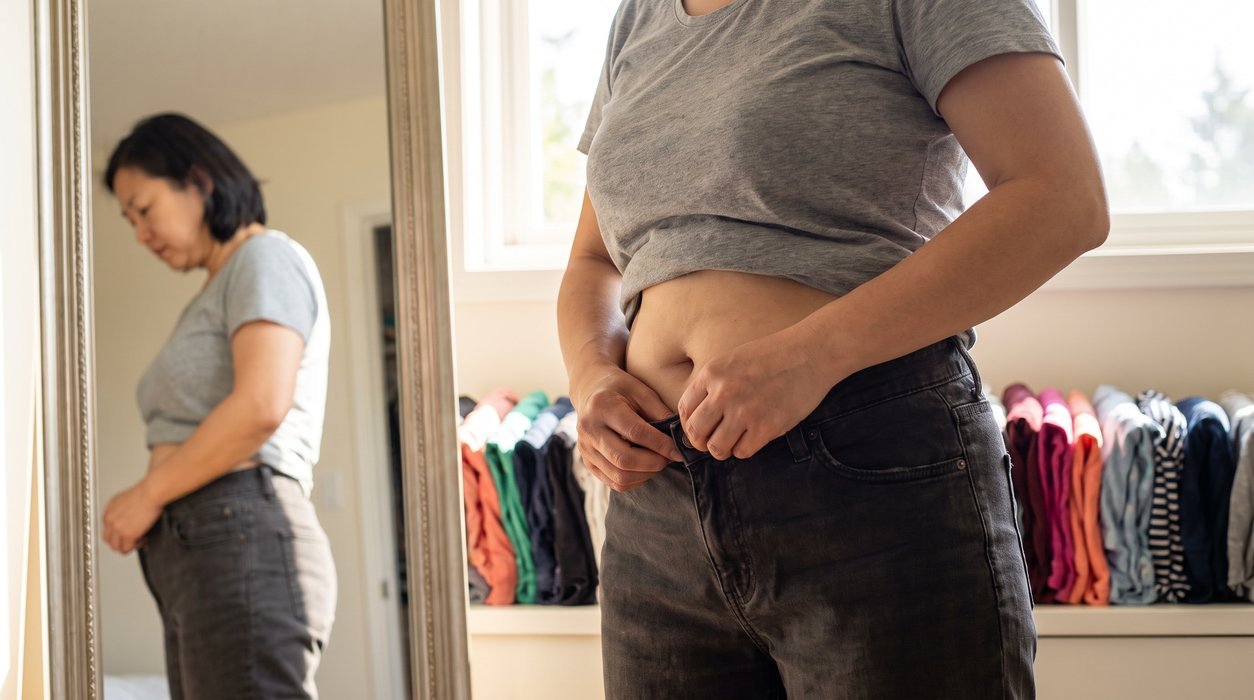Woman noticing a changed waist fit while getting dressed during the menopausal transition