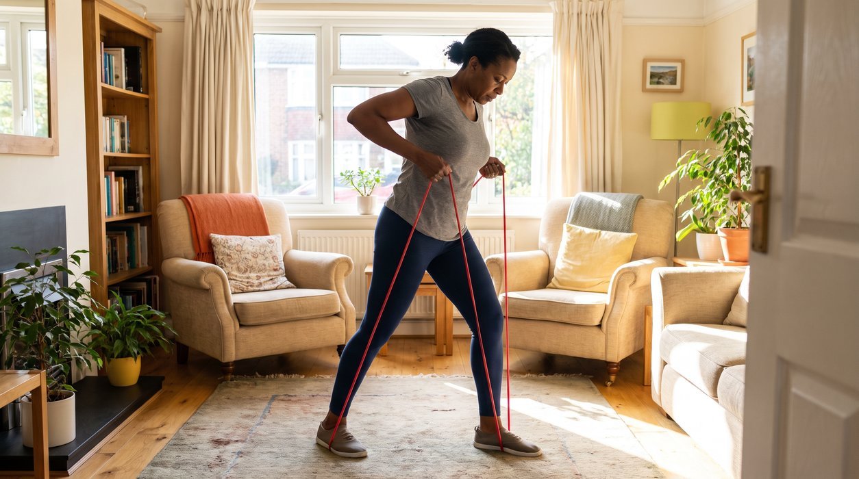 Midlife woman performing controlled resistance-band rows in a bright living room