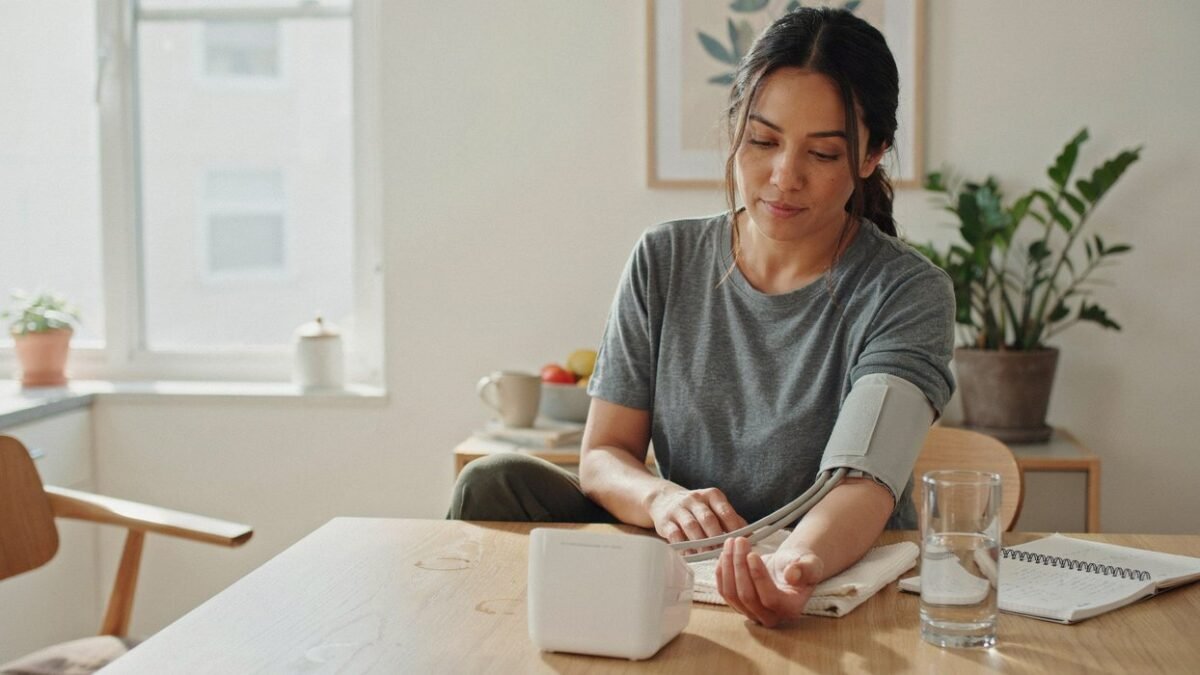 Woman checking blood pressure while reviewing metabolic syndrome in your 30s