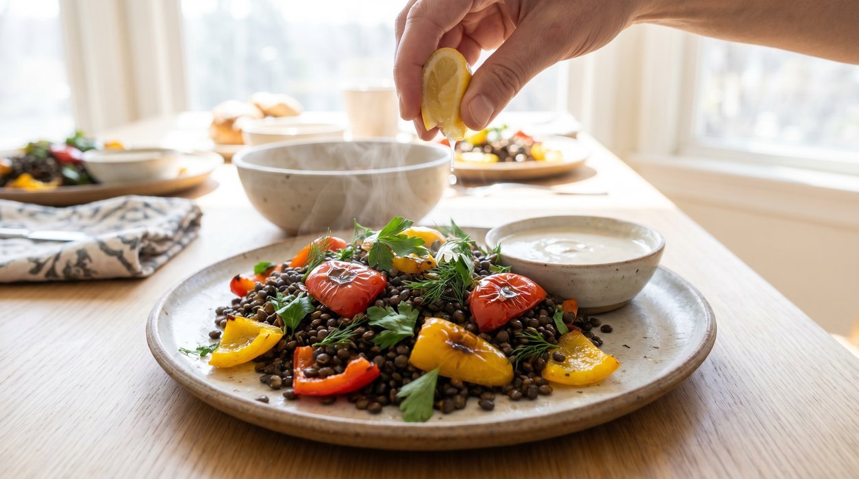 warm lentil and roasted pepper plate with citrus for iron-supportive food pairing