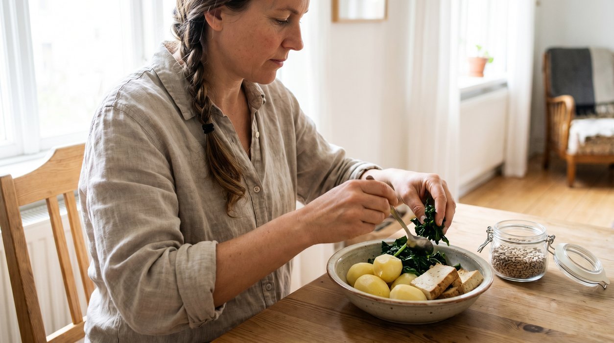 woman arranging mineral-rich foods into a simple balanced meal