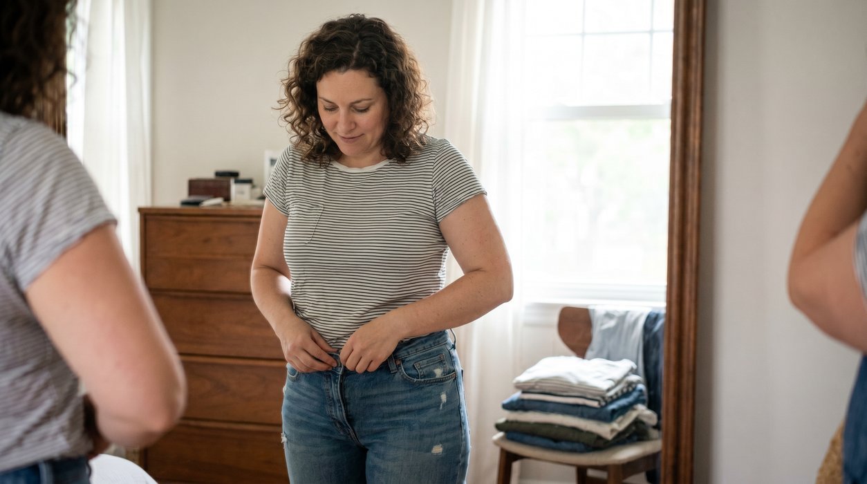 mid-size woman noticing a looser waistband while getting dressed in soft morning light