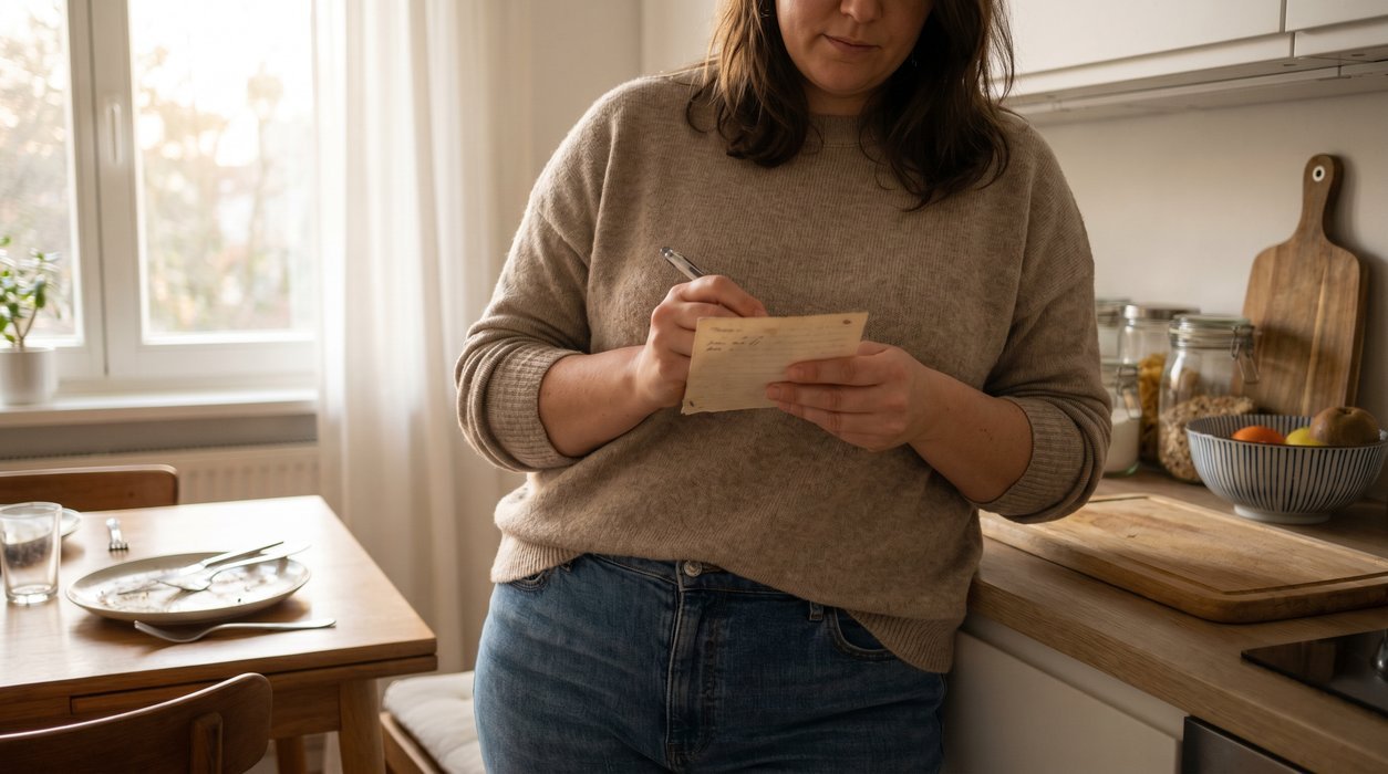 woman reviewing simple daily progress notes after dinner in a bright kitchen