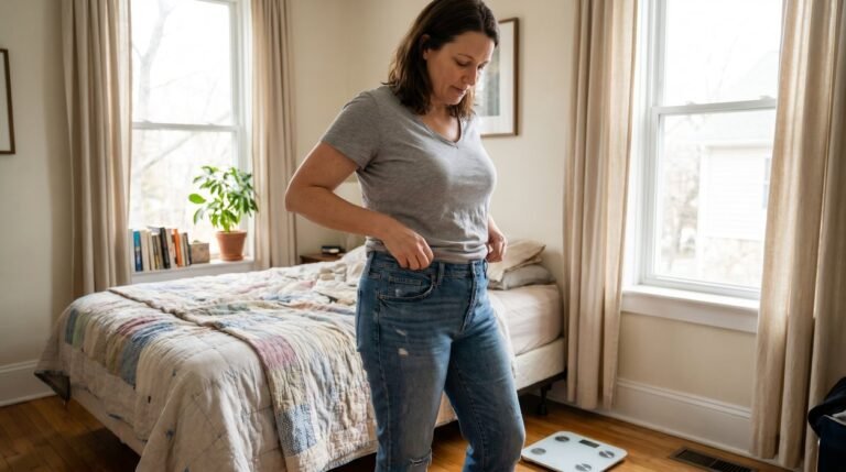mid-size woman noticing non scale metabolic progress signs beside a quiet bathroom scale