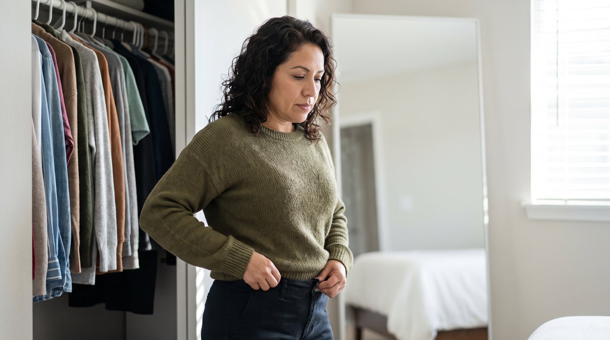 Midlife woman noticing tighter waistband while getting ready for the day