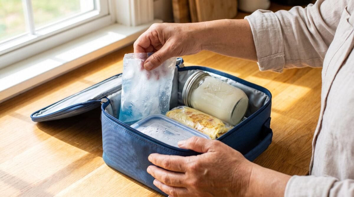 Insulated breakfast bag packed with two cold sources around perishable food